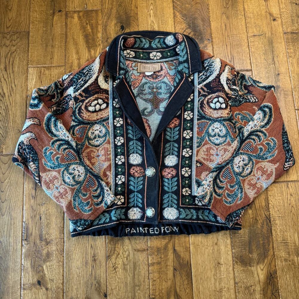 Vintage Painted Pony Western Tapestry Jacket Multicolor Bird Nest One Size